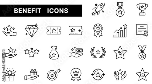Benefit and Reward Icon Set Featuring Stars, Medals, Trophies, Gifts, and Achievement Symbols in Outline Style