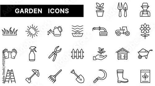 Garden Icon Set Featuring Plants, Tools, Equipment, and Outdoor Maintenance Elements in Outline Style