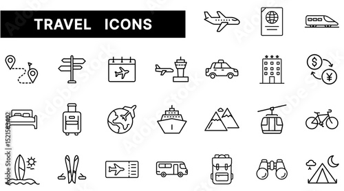 Travel and Tourism Icon Set Featuring Transportation, Accommodation, Activities, and Global Destinations in Outline Style