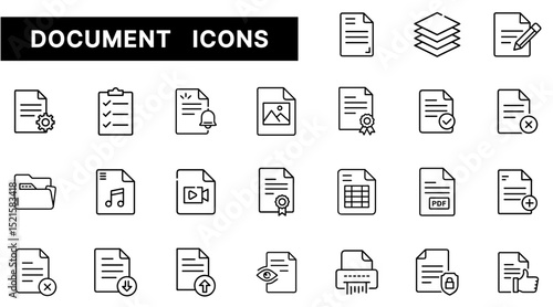 Document Icon Set Featuring Files with Text, Media, Certificate, and Printer Elements in Outline Style