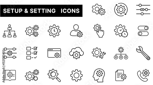System Setup and Settings Icon Pack Featuring Gears, Tools, User Controls, and Network Security Elements in Outline Style