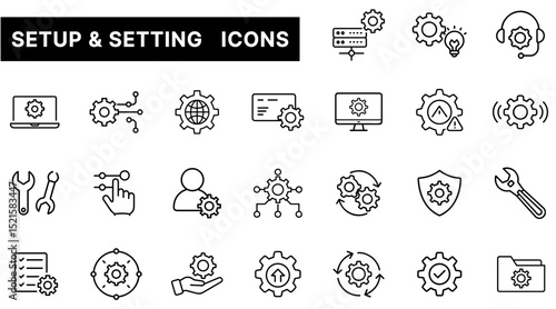 System Setup and Settings Icon Pack Featuring Gears, Tools, User Controls, and Network Security Elements in Outline Style