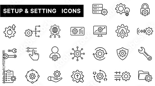 System Setup and Configuration Icon Set Featuring Gear, Tools, Network, and Security Elements in Outline Style