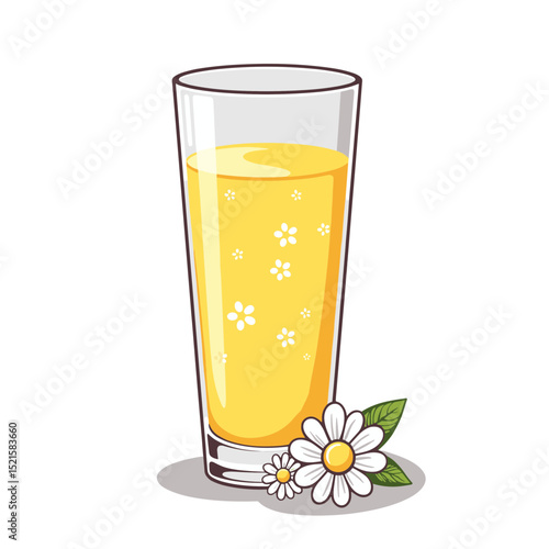 Elderflower cordial in glass vector, decorated with flowers on transparent background, ideal for beverage recipes