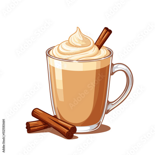 Chai latte with cinnamon stick vector, cozy beverage on transparent background, ideal for drink recipes, menus, culinary presentations