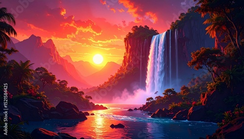 Sunset Paradise: Waterfall, Tropical Landscape, Vibrant Colors