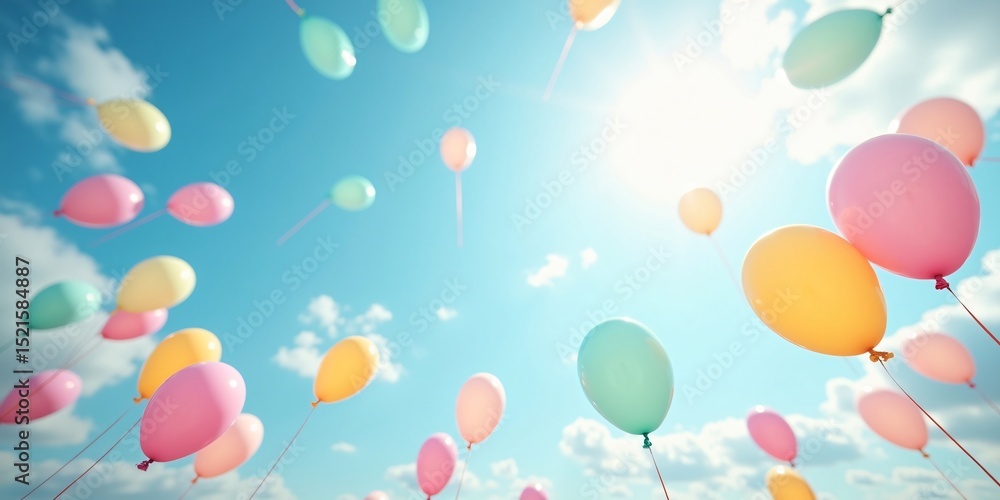 Colorful balloons floating against a clear bright blue sky Colorful balloons floating against a clear bright blue sky