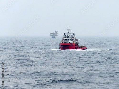 A red tugboat navigates the vast ocean, a distant oil rig barely visible under a hazy sky. The waves gently rock the vessel, creating a tranquil yet powerful scene of maritime industry.