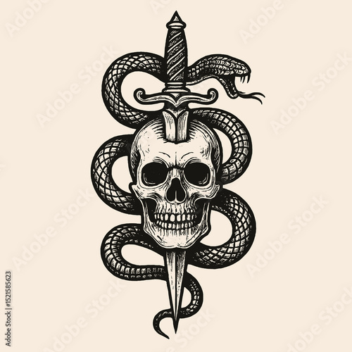 skull and crossbone Skull with Dagger and Snake Vector Illustration