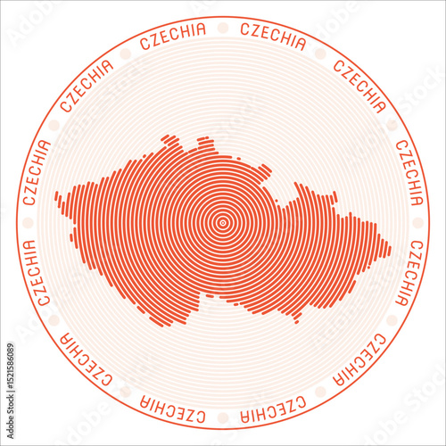 Czechia round logo design. Country shape built of rings. Czechia text around the country. Vector Illustration.