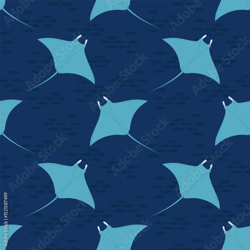 Seamless pattern with stingray fish on blue background. For ocean-themed textiles, wallpapers and packaging, postcards or covers.	

