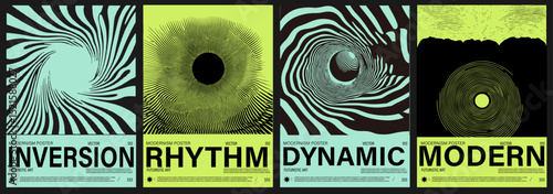 Vector posters in a modern Y2K pop art style, using neon palette with black hypnotic lines, waves, and optical illusions, reflecting current retro-futuristic trends in design.