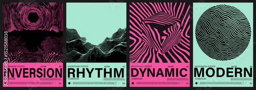 Vector posters in a modern Y2K pop art style, using neon palette with black hypnotic lines, waves, and optical illusions, reflecting current retro-futuristic trends in design.