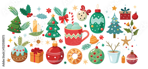 Charming collection of festive christmas decorations and holiday elements in a delightful flat vector illustration