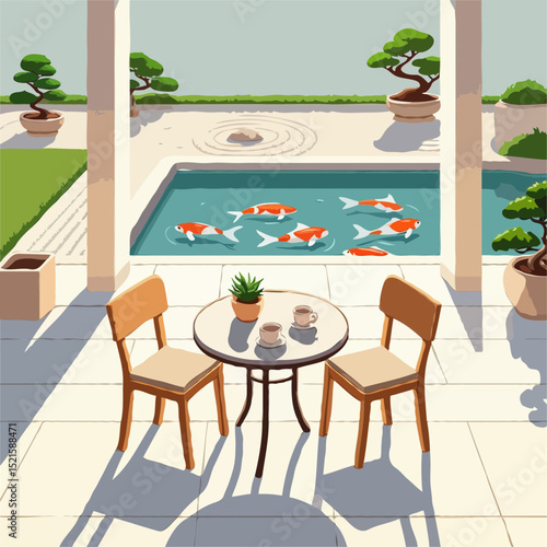 Serene patio with koi pond and Zen garden