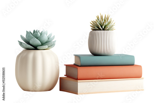 Succulents in pots on a stack of books