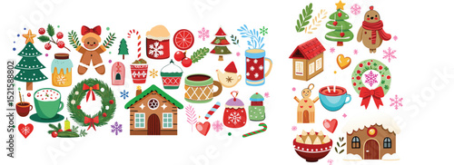 Charming collection of whimsical christmas illustrations featuring gingerbread men festive wreaths and seasonal elements in a cheerful style.
