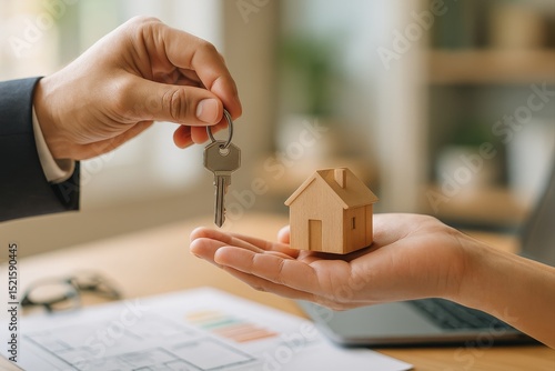 hand holding key and small wooden house, symbolizing real estate transaction.
