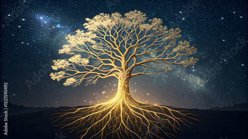 Glowing tree of life with golden roots extending into stars, symbolizing spiritual ancestry and chosen destiny, spirituality concept