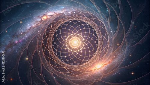 Cosmic vortex with sacred geometry spiraling inward, representing soul's divine calling since birth, spirituality concept
