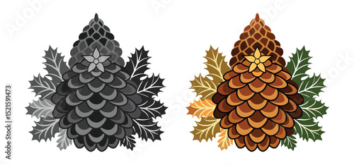 Decorative pine cones with foliage in color and grayscale featuring holiday designs and botanical elements for festive seasons