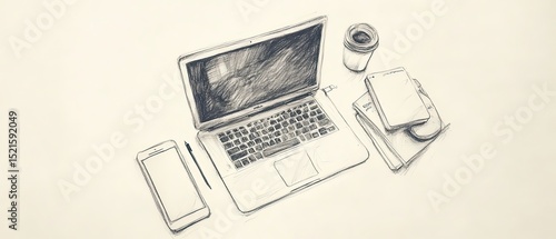 Realistic Pencil Drawing of an Open Laptop on a Clean White Background