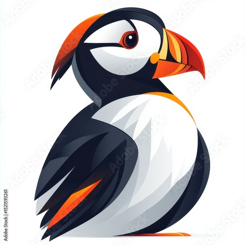 Puffin stands majestically with vibrant colors in a stylized depiction, showcasing its unique features and charm