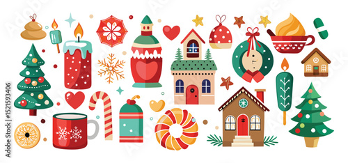 Festive christmas elements collection featuring decorative trees candles houses heart shapes ornaments and holiday sweets