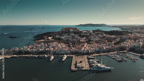 Drone shot in Ibiza old town and Ibiza Port.