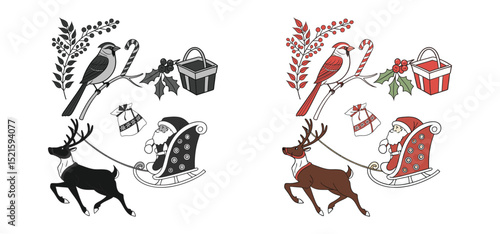 Festive christmas scene in black and white with red accents features birds gifts and santa's sleigh against a white background