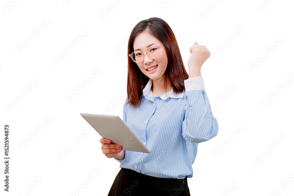 Asian young beautiful woman in glasses holding a tablet and making a triumphant gesture with her fist. Asian young beautiful woman in glasses holding a tablet and making a triumphant gesture with her fist.