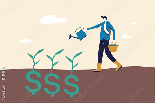 Dividend investment, prosperity and economic growth or saving and business profit concept, happy businessman investor holding watering can to watering grow sprout seedling he plant from dollar sig