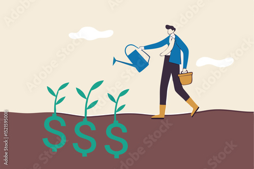 Dividend investment, prosperity and economic growth or saving and business profit concept, happy businessman investor holding watering can to watering grow sprout seedling he plant from dollar sig