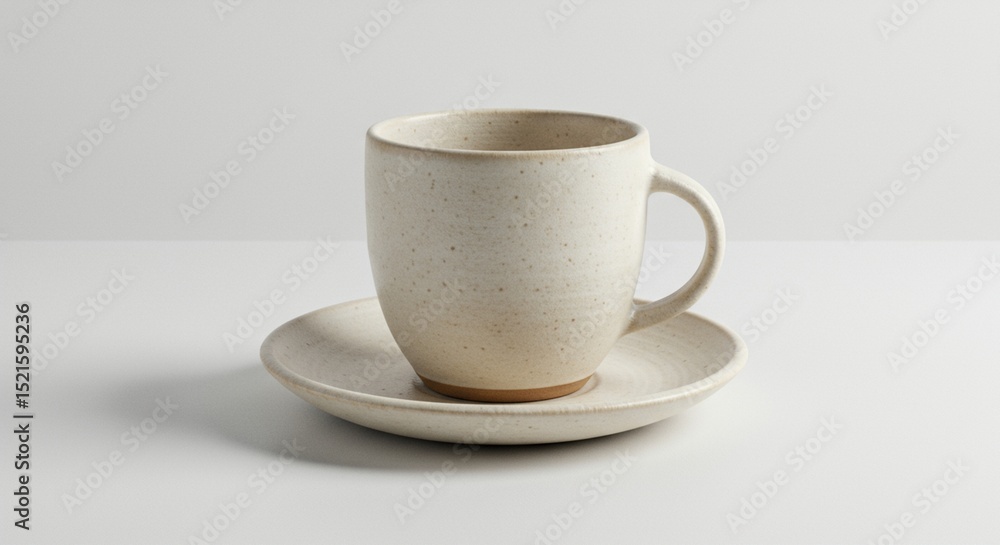 A ceramic cup and saucer placed on a solid white background, soft studio lighting, with minimalist composition and clean shadows. No extra objects, neutral tones. A ceramic cup and saucer placed on a solid white background, soft studio lighting, with minimalist composition and clean shadows. No extra objects, neutral tones.