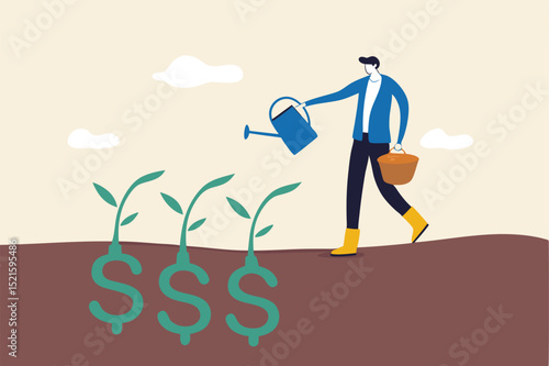 Dividend investment, prosperity and economic growth or saving and business profit concept, happy businessman investor holding watering can to watering grow sprout seedling he plant from dollar sig