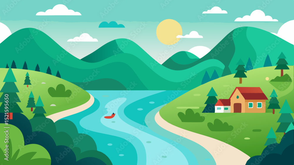 Fototapeta premium Peaceful River Valley Vector with Trees and Houses