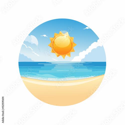 Beautiful sunny beach scene vector illustration with ocean waves and blue sky summer vacation design