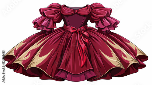 A rich burgundy taffeta dress with puffed sleeves and a flared skirt, placed against a white surface. Ideal for holiday party vectors with classic colors and luxurious textures.

