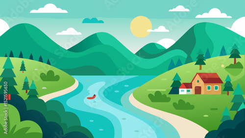 Peaceful River Valley Vector with Trees and Houses