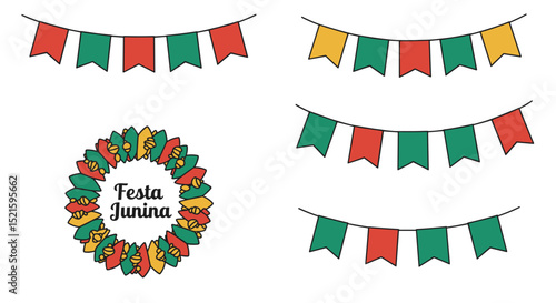 Festa junina vector elements for brazilian june party decoration with colorful flags and garland decor