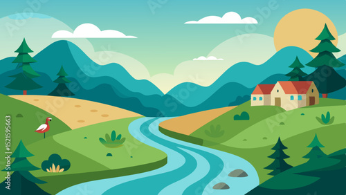 Peaceful River Valley Vector with Trees and Houses