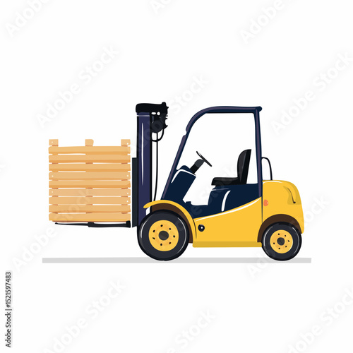 Yellow forklift carrying wooden pallet