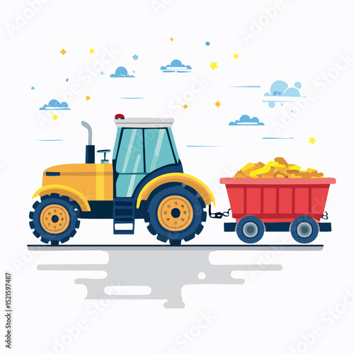 Harvesting Gold: A vibrant illustration showcases a robust tractor, pulling a fully-laden trailer brimming with golden bounty, symbolic of a rich and plentiful harvest.