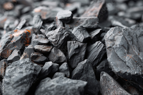 An intricate arrangement of dark coal rocks showcases their rich texture and natural beauty, emphasizing the raw materials vital for energy production.