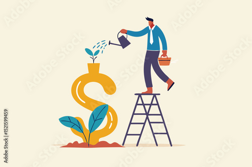 Growth investment, saving and financial prosperity, money increase or profit from growing business concept, businessman investor watering sprout or seedling plant growing from golden dollar sign.