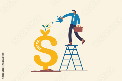 Growth investment, saving and financial prosperity, money increase or profit from growing business concept, businessman investor watering sprout or seedling plant growing from golden dollar sign.
