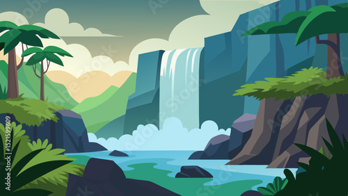 Tropical Waterfall Vector with Foliage and Mist
