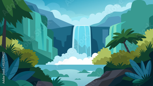 Tropical Waterfall Vector with Foliage and Mist