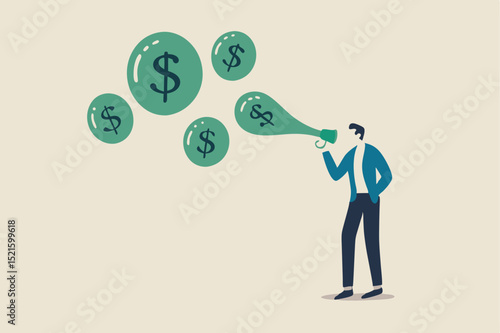 Stock market bubble, stock share price rising up from speculation from greedy investor or overvalued company concept, greedy businessman investor blowing bubbles with dollar sign money into the air.