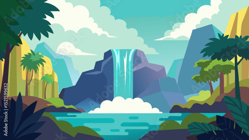 Tropical Waterfall Vector with Foliage and Mist